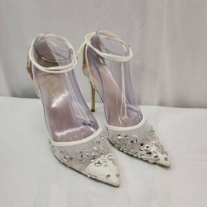 Lulu's Size 8.5 Lykana White Satin Rhinestone Lace-Up Pointed-Toe Pumps Wedding